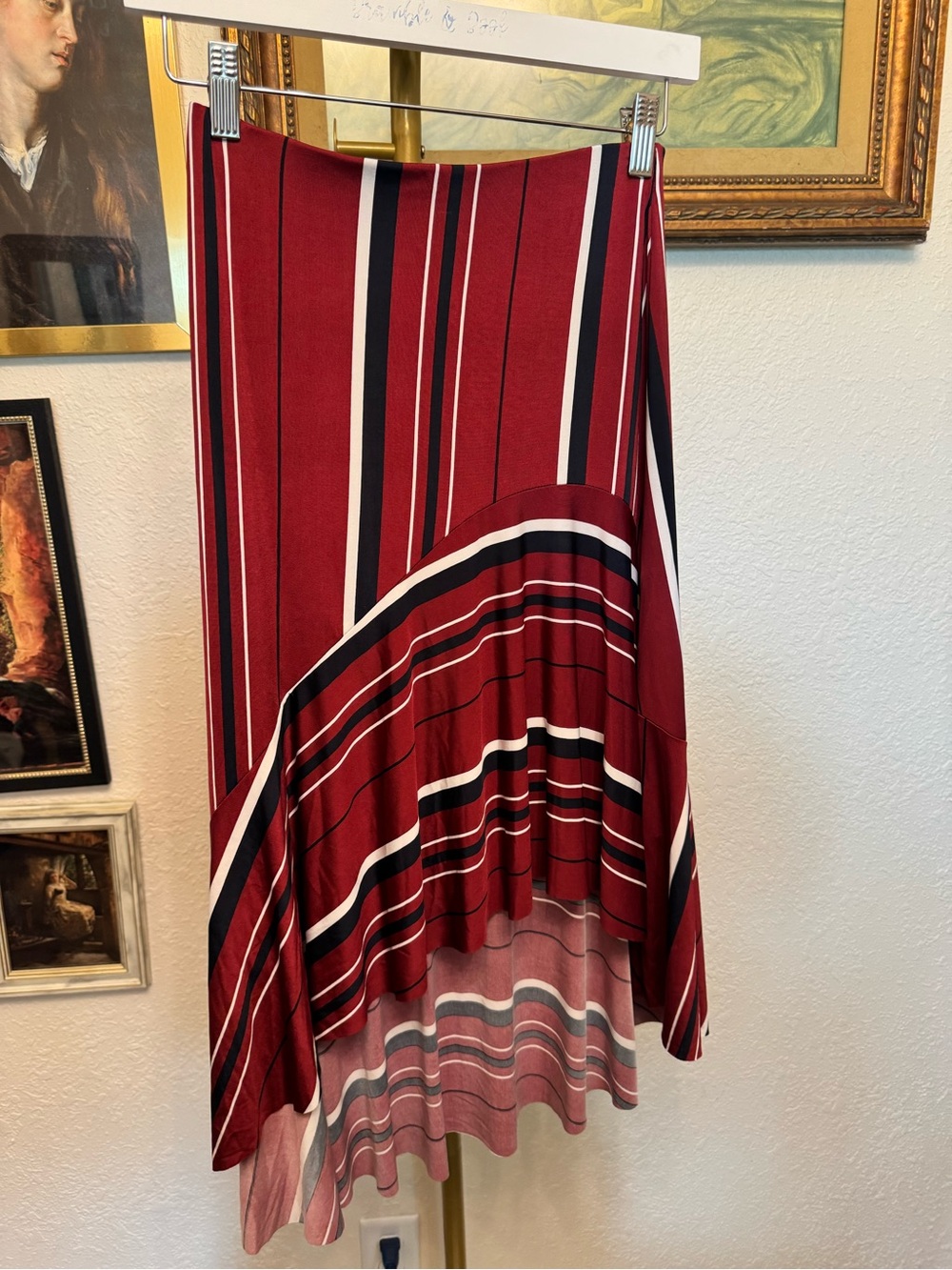 Lush Red Striped Asymmetrical Midi Skirt